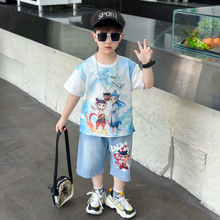 全棉纯棉哪吒敖丙衣服男童夏装短袖套装2025新款宝宝夏季酷帅哪咤