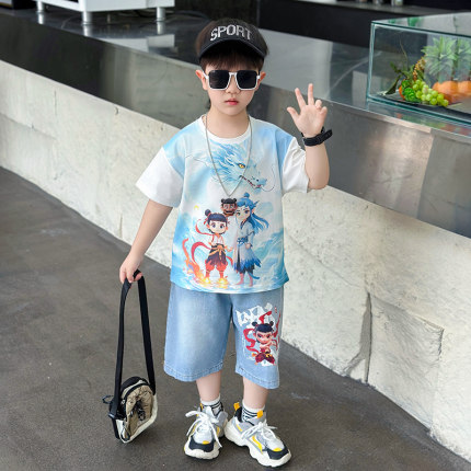 全棉纯棉哪吒敖丙衣服男童夏装短袖套装2025新款宝宝夏季酷帅哪咤