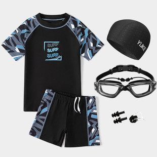 日本进口青少年儿童泳衣男童胖男孩小初中学生专业训练考试游泳衣