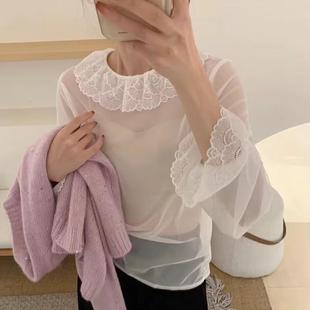 东大门翻领超仙甜美花朵百搭宽松透视毛衣叠穿蕾丝衫 薄 内搭打底衫