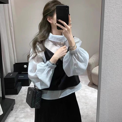 翻领宽松灯笼袖娃娃衫吊带背心