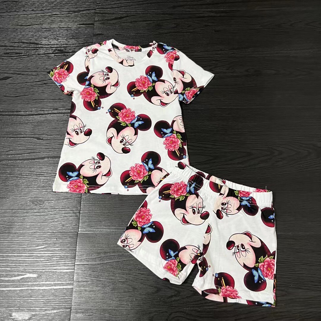 3-12岁外贸原单童装女中大童米奇纯棉短袖T恤短裤套装夏吸汗透气