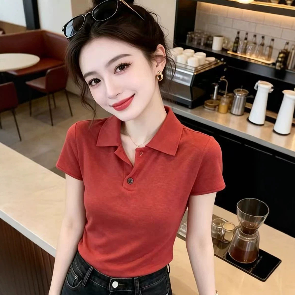 哥家专柜品质夏季新款韩版polo领小众针织短袖T恤女红色修身上衣