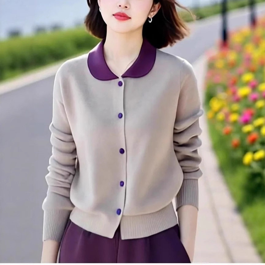 哥家专柜品质秋冬新款感撞色翻领小清新设计感针织开衫上衣