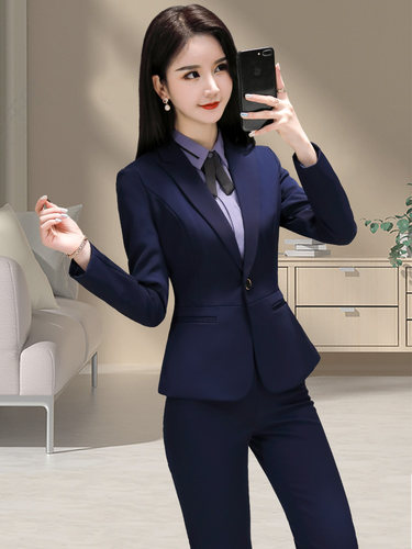蓝色西装职业装套装女春季气质大学生面试正装西服工装前台工作服