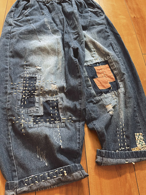 原创设计感宽松褴褛破洞补丁牛仔裤子