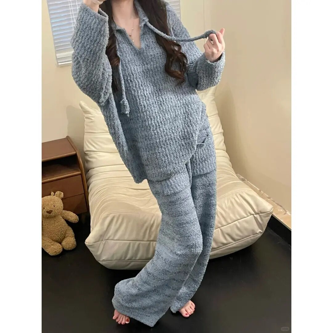 秋冬季新款慵懒半边绒长袖长裤宽松显瘦温柔感女生家居服两件套