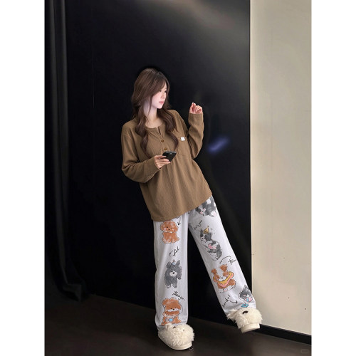 可爱小狗印花睡衣套装春秋咖色长袖长裤软糯可爱女生家居服套装