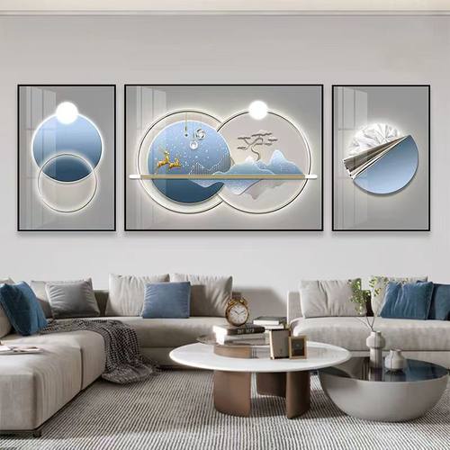 自粘画背景墙带框沙发有福禄新款装饰几何轻奢现代3D高档壁画三联