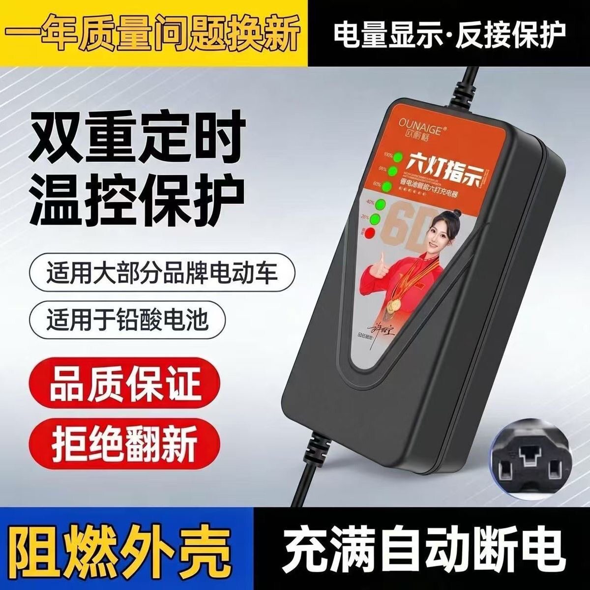 自动断电电动车电瓶车充电器48V60V72V20A铅酸电池两轮三轮车通用