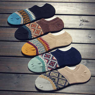 网眼船袜外贸不掉跟浅口拼色精梳棉袜 薄款 复古民族风袜子男士 夏季