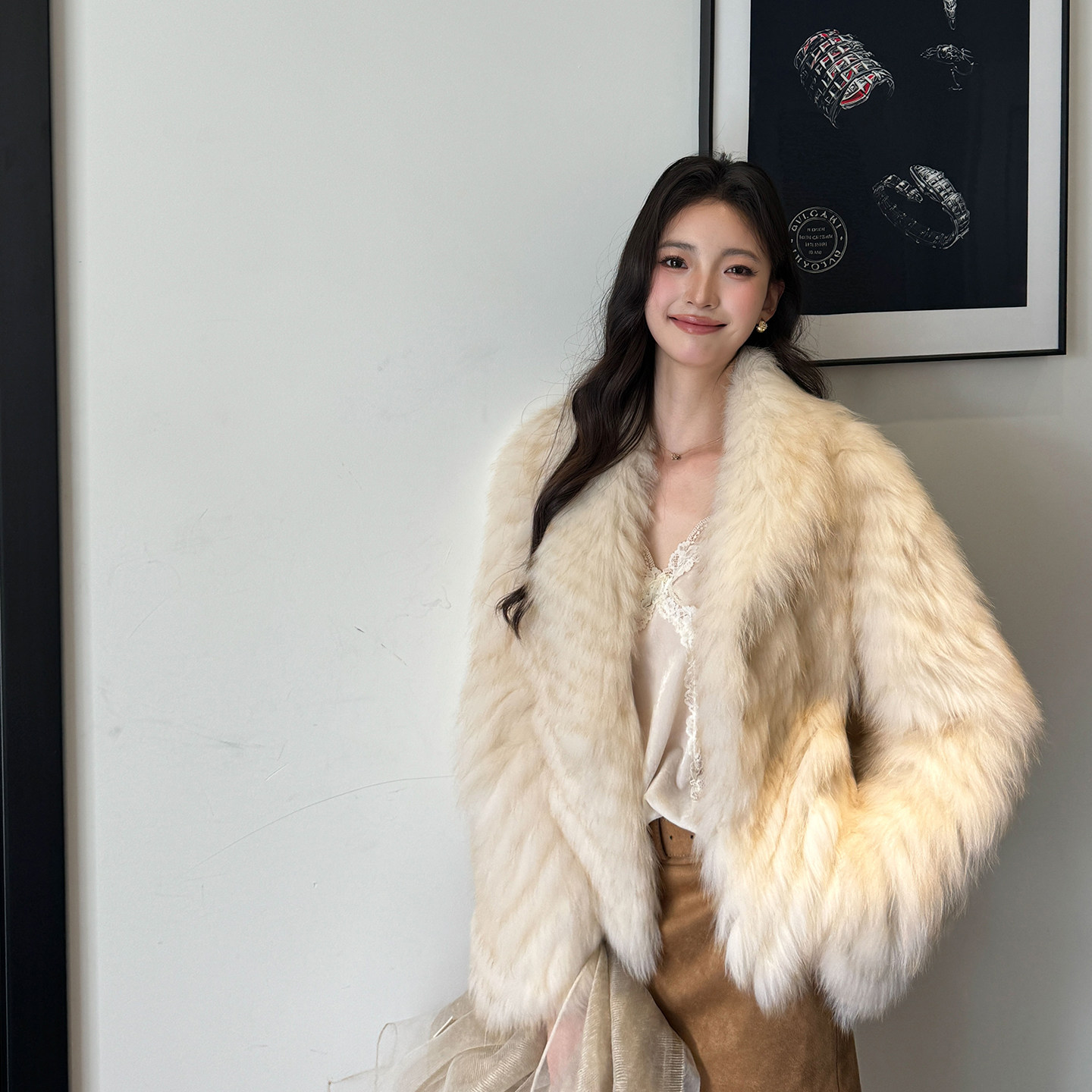 柚柚小姐翻领狐狸毛皮草外套女图片
