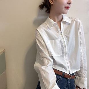 小个子白衬衫 翻领双拉链单口袋设计短款 上衣潮 时尚 欧洲站2025秋季