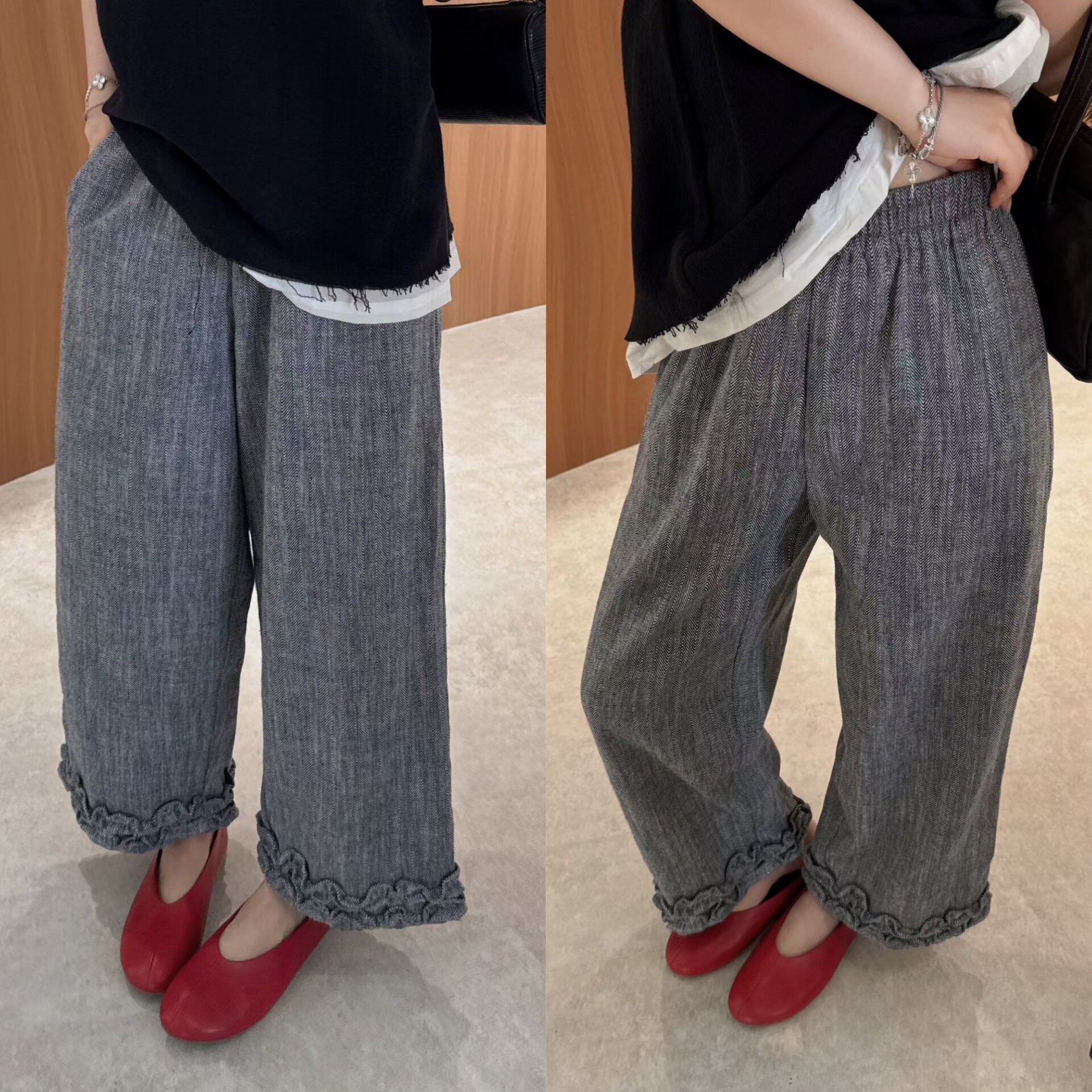 欧洲站2025春季欧货松紧腰直筒裤口木耳边设计感阔腿九分西装裤潮