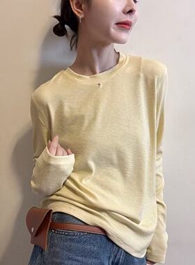 欧洲站2026春季圆领领口铆钉设计百搭宽松基础款纯色长袖T恤上衣