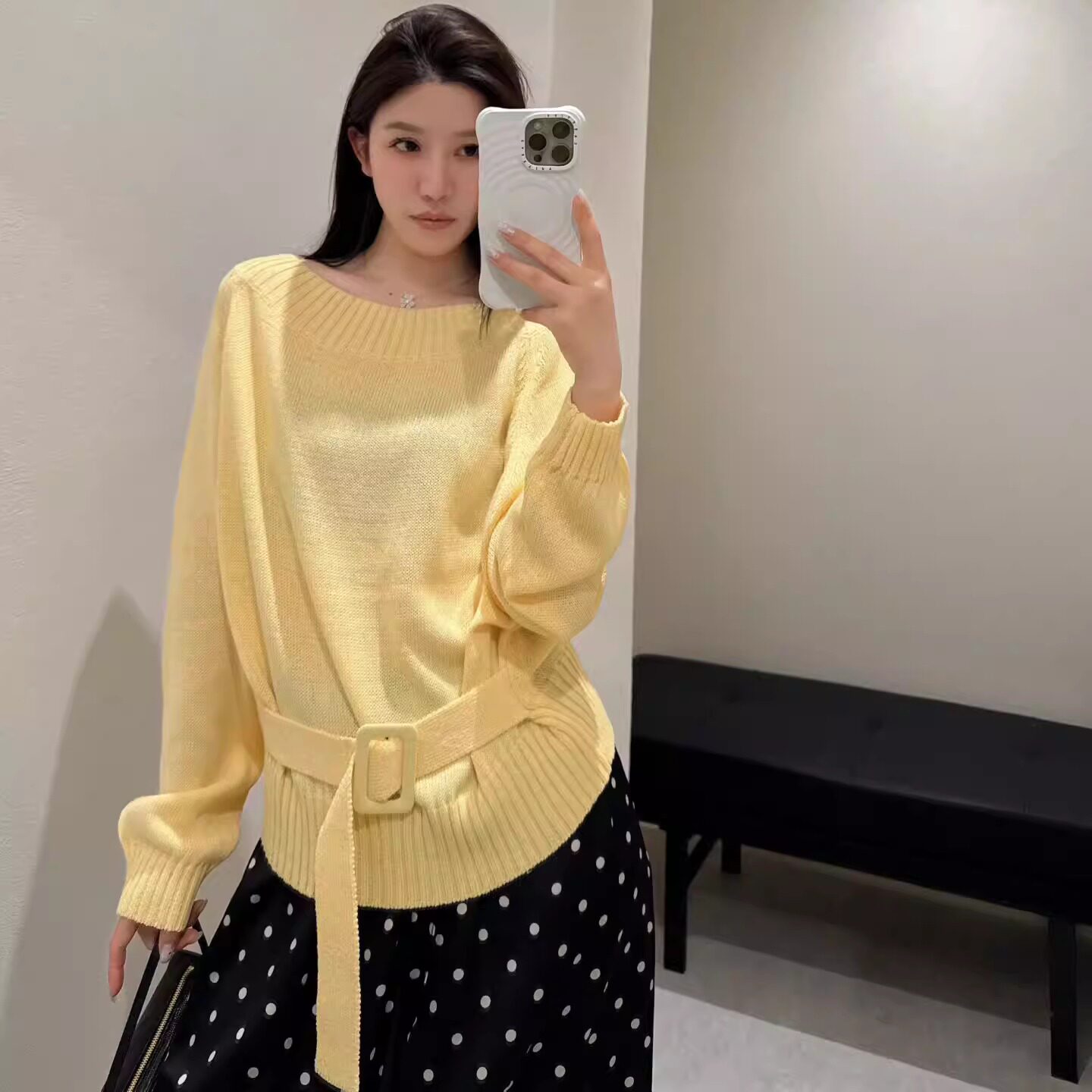 欧洲站2026春季温柔风一字领系带收腰净版套头糖果色针织衫毛衣潮