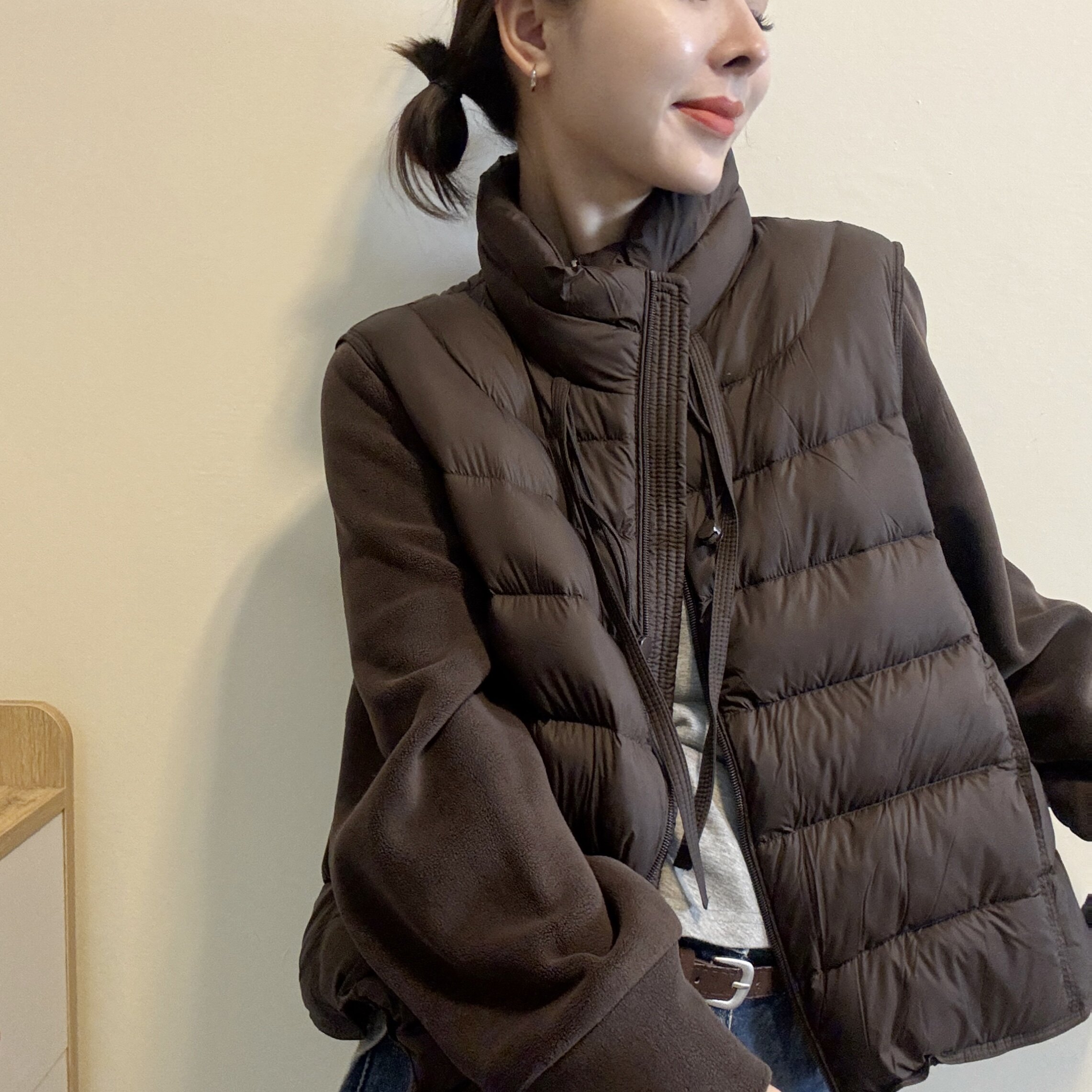 欧洲站2026冬季韩版立领飘带袖子卫衣拼接设计假两件羽绒服外套潮