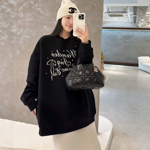 欧洲站2025秋季 套头慵懒卫衣 欧货圆领潮流字母印花钉珠蝴蝶结大版