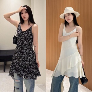 欧洲站2026春夏季 韩系V领修身 A字版 荷叶边不规则吊带连衣裙女 新款