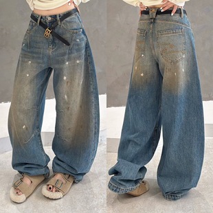 洋气漆点牛仔裤 欧洲站2025秋季 欧货街头风高腰口袋压线设计弯刀裤