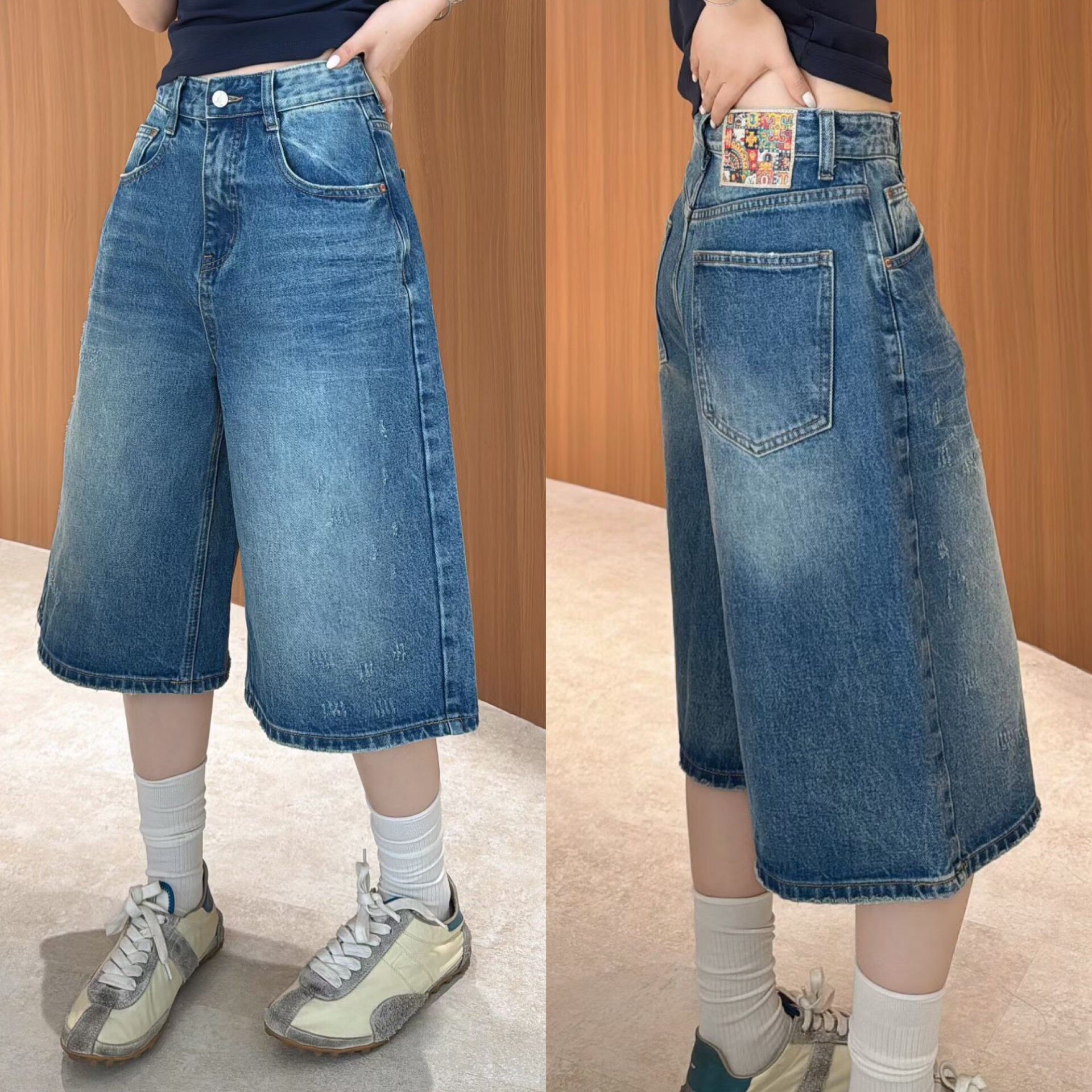 欧洲站2026夏季洋气后腰碎花贴标阔腿水洗磨破牛仔裤直筒七分裤女