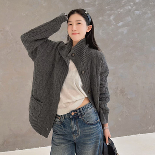 欧洲站2025秋冬欧货立领慵懒大版 加厚毛衣外套 麻花纹羊毛针织开衫