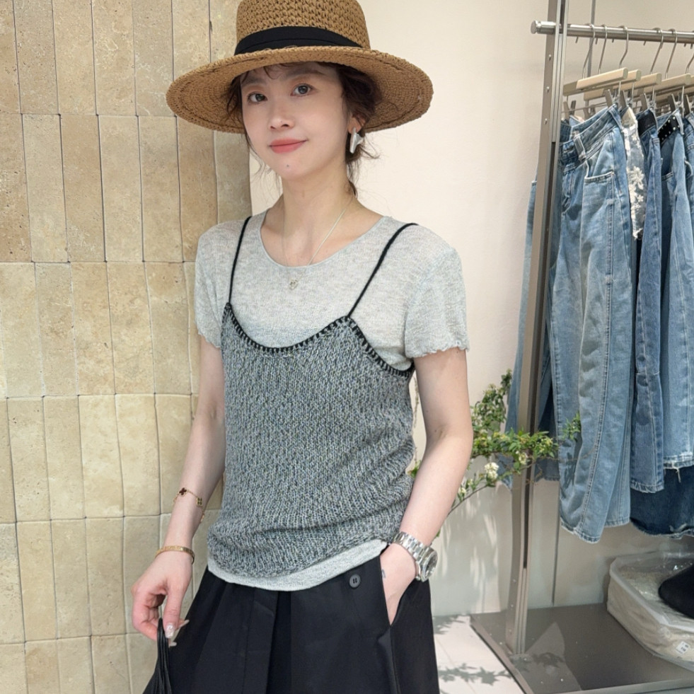 欧洲站2026春季韩系撞色叠穿小香风吊带背心两件套修身短袖针织衫