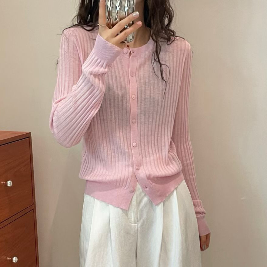 欧洲站2026春季韩系圆领净版竖坑条细羊毛针织衫薄款糖果色毛衣女