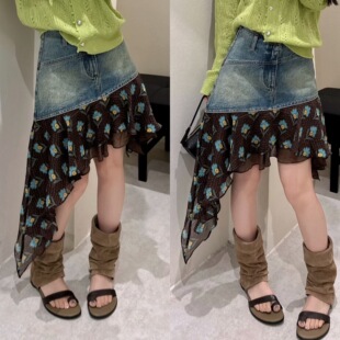欧洲站2026春季 不规则牛仔半身裙 欧货高腰斜边碎花雪纺拼接A字版