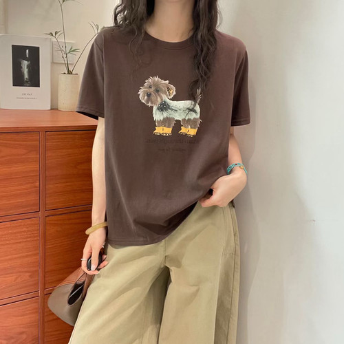 欧洲站2026春夏季新款圆领可爱卡通小狗印花短袖百搭舒适棉T恤女