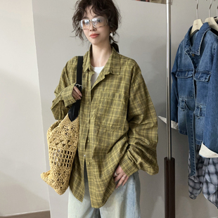 欧洲站2026春季新款原宿风POLO领减龄休闲格子衬衫韩系大版衬衣潮