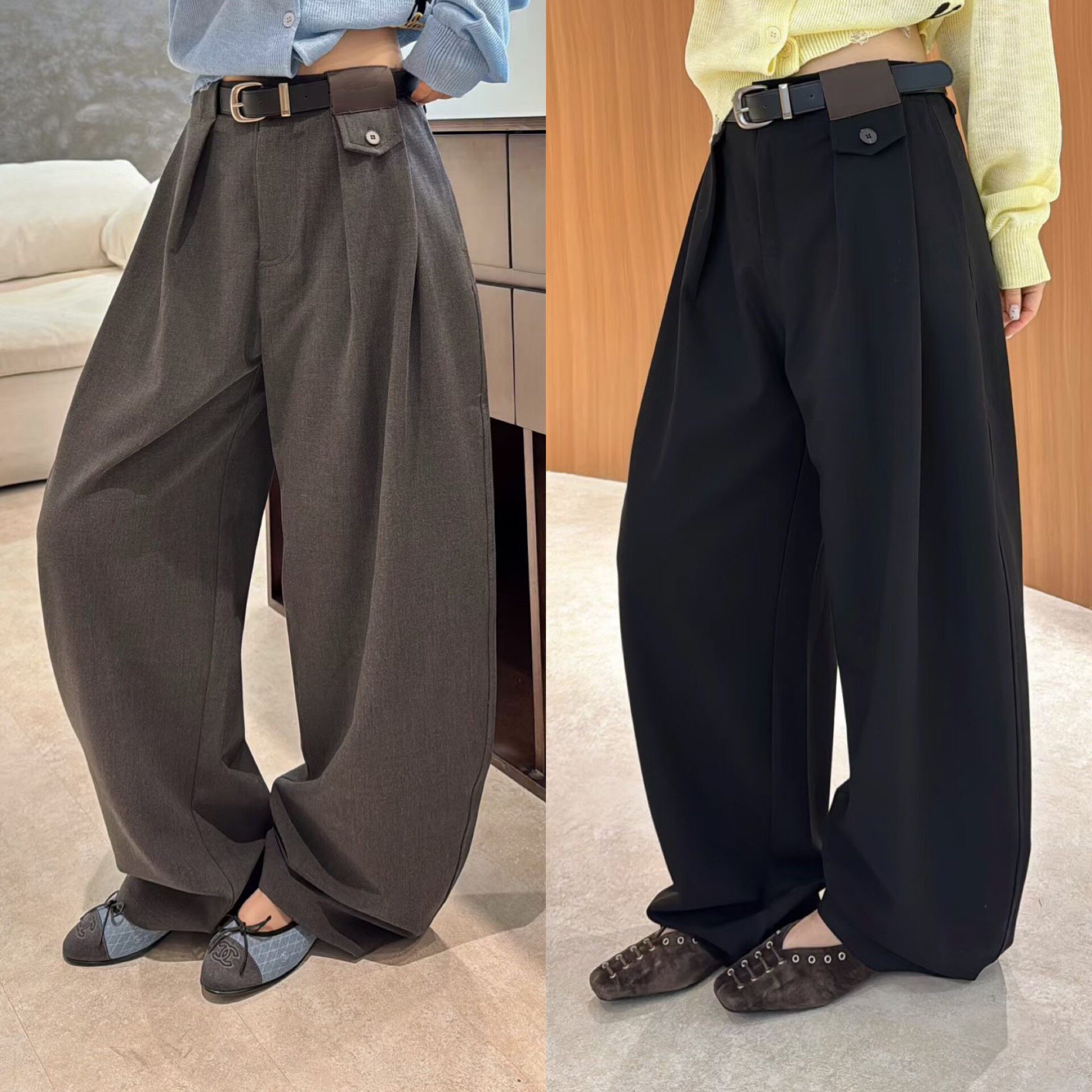 欧洲站2026春季高腰褶皱垂感拼色纽扣设计显瘦慵懒休闲西装裤长裤