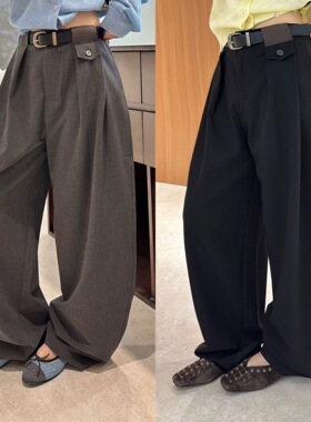 欧洲站2026春季高腰褶皱垂感拼色纽扣设计显瘦慵懒休闲西装裤长裤