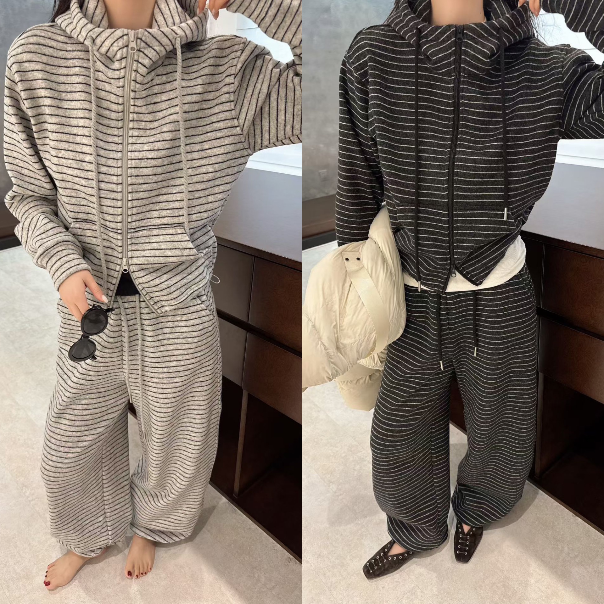 欧洲站2025冬季运动风连帽拉链加绒条纹卫衣休闲裤两件套时尚套装