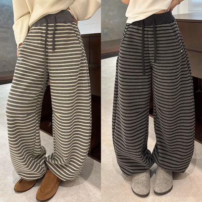欧洲站2025冬季拼色抽绳高腰口袋一粒扣随性慵懒加绒条纹休闲裤潮