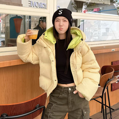 欧洲站2025冬季欧货时尚撞色双层连帽加厚蓬松短款鹅绒羽绒服外套