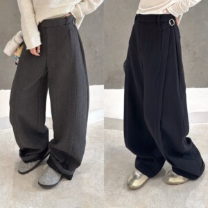 欧洲站2025秋季时尚高腰侧扣袢斜边剪裁拼接设计感休闲西装裤长裤