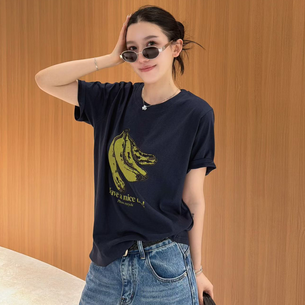 欧洲站2026夏季新款韩版圆领做旧香蕉图案印花短袖欧货棉T恤上衣