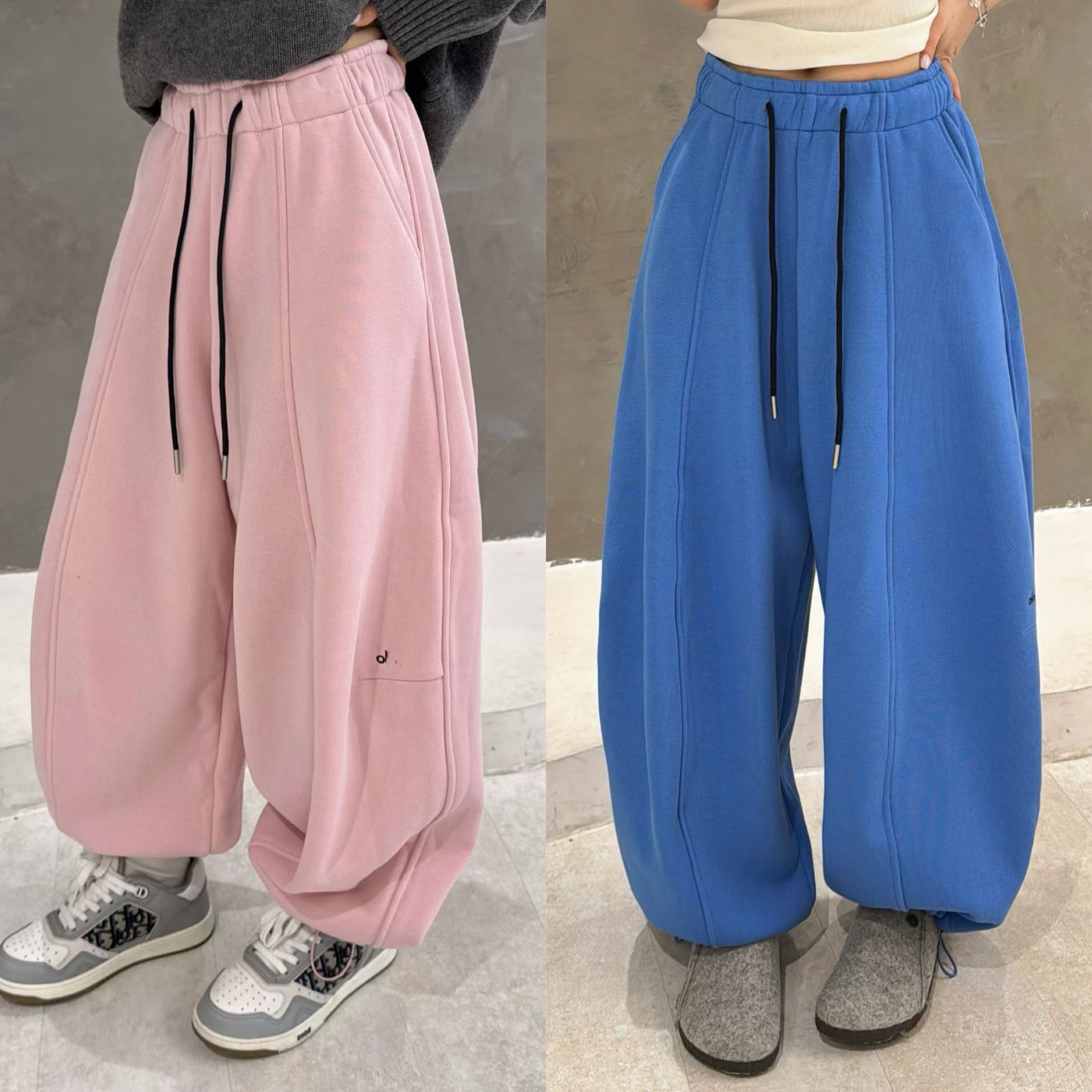 欧洲站2025冬季松紧腰加厚一体绒压线字母刺绣休闲裤糖果色卫裤潮