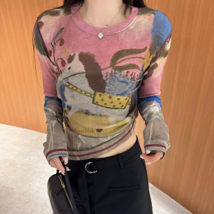 网纱T恤打底衫 圆领时髦彩绘印花拼色长袖 上衣 新款 欧洲站2026春季