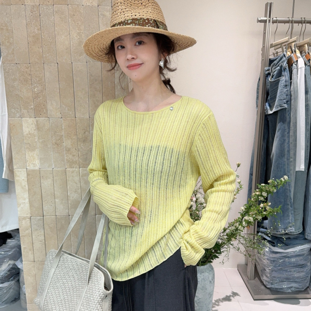 欧洲站2026春季韩味圆领套头透视薄款长袖糖果色竖坑条针织衫上衣