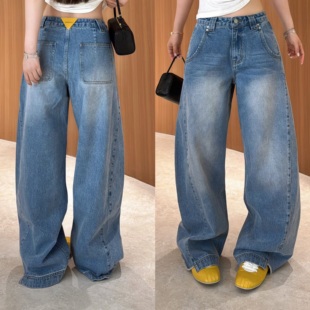 欧洲站2026春季 欧货高腰后背黄色三角定标设计压线阔腿毛边牛仔裤