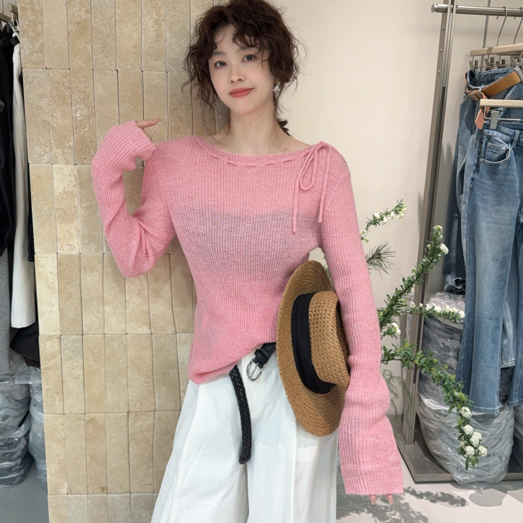 欧洲站2026春季新款名媛风系带一字肩领薄款修身糖果色针织衫上衣