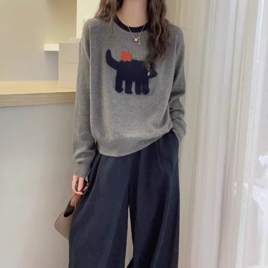 欧洲站2025秋季时尚圆领拼色卡通猫咪图案羊绒针织衫套头羊毛毛衣