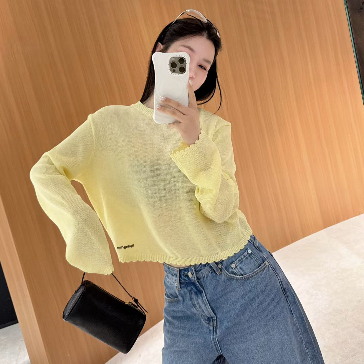 欧洲站2026春季新款韩系圆领下摆字母花边短款套头糖果色针织衫潮