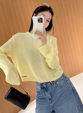 欧洲站2026春季新款韩系圆领下摆字母花边短款套头糖果色针织衫潮