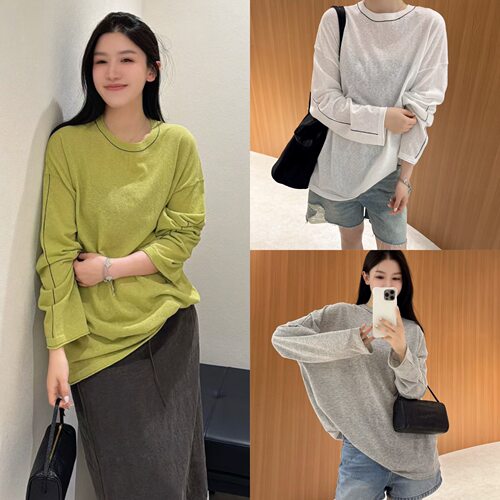 欧洲站2026夏季欧货慵懒风圆领落肩长袖薄款明线卷边T恤防晒衫女