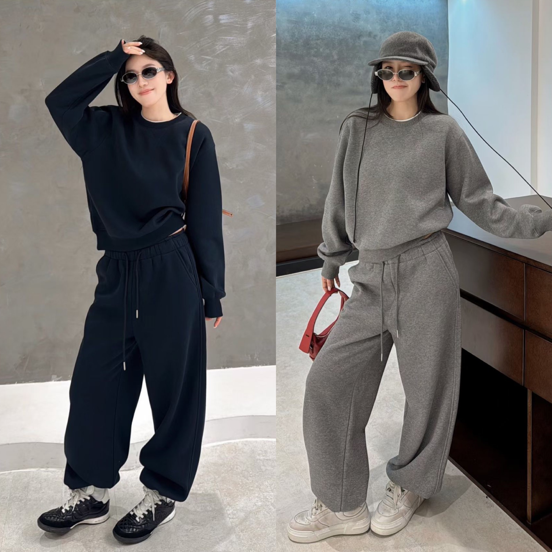 欧洲站2025冬季新款纯色套头加绒卫衣束脚休闲裤两件套运动套装潮