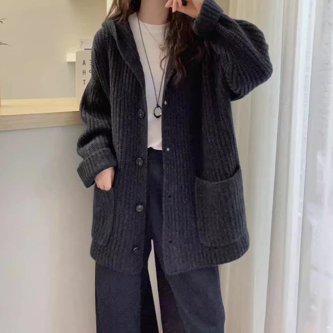 欧洲站2025秋冬欧货简约连帽排扣双口袋中长加厚羊毛针织开衫外套