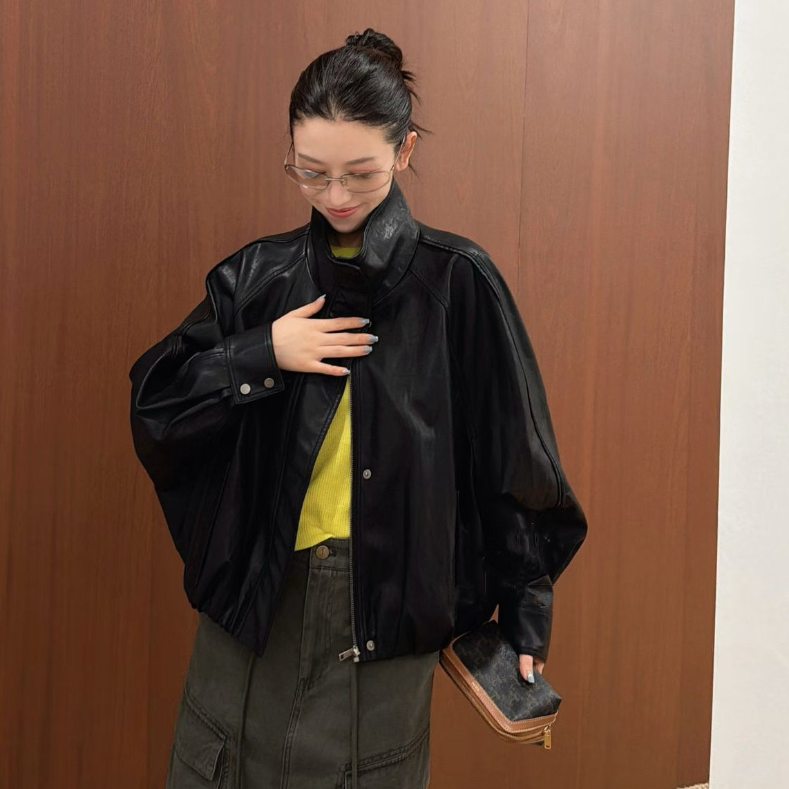欧洲站2026秋季欧货POLO领落肩蝙蝠袖机车风复古皮衣夹克外套女潮
